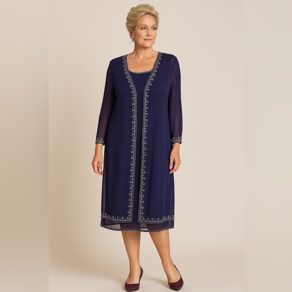 Scala Vintage Navy Sheer Silk 2 piece beaded Dress and Sheer Jacket 80’s - Picture 1 of 9